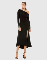 Black Foldover Long Sleeve Jeweled Midi Dress